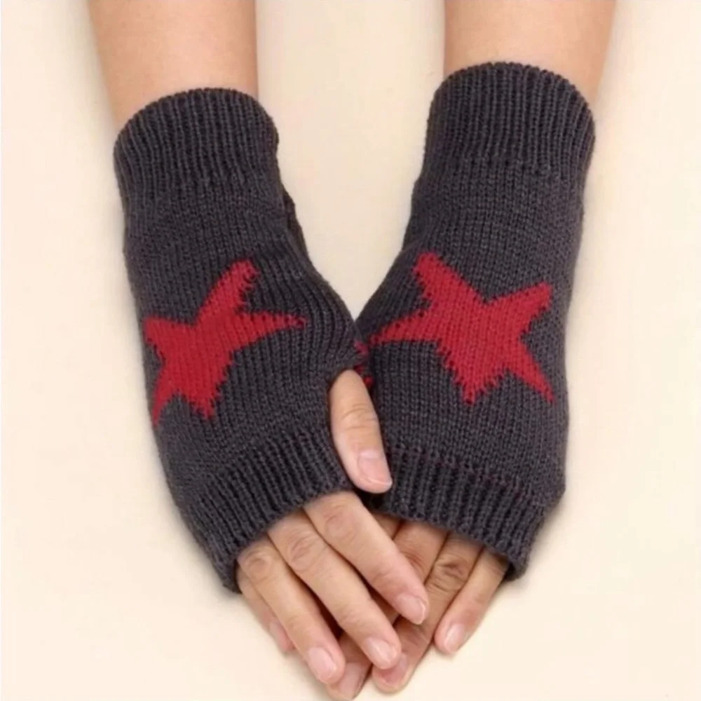 Gray Fingerless Mittens with Red Star Design - Picture 1 of 3